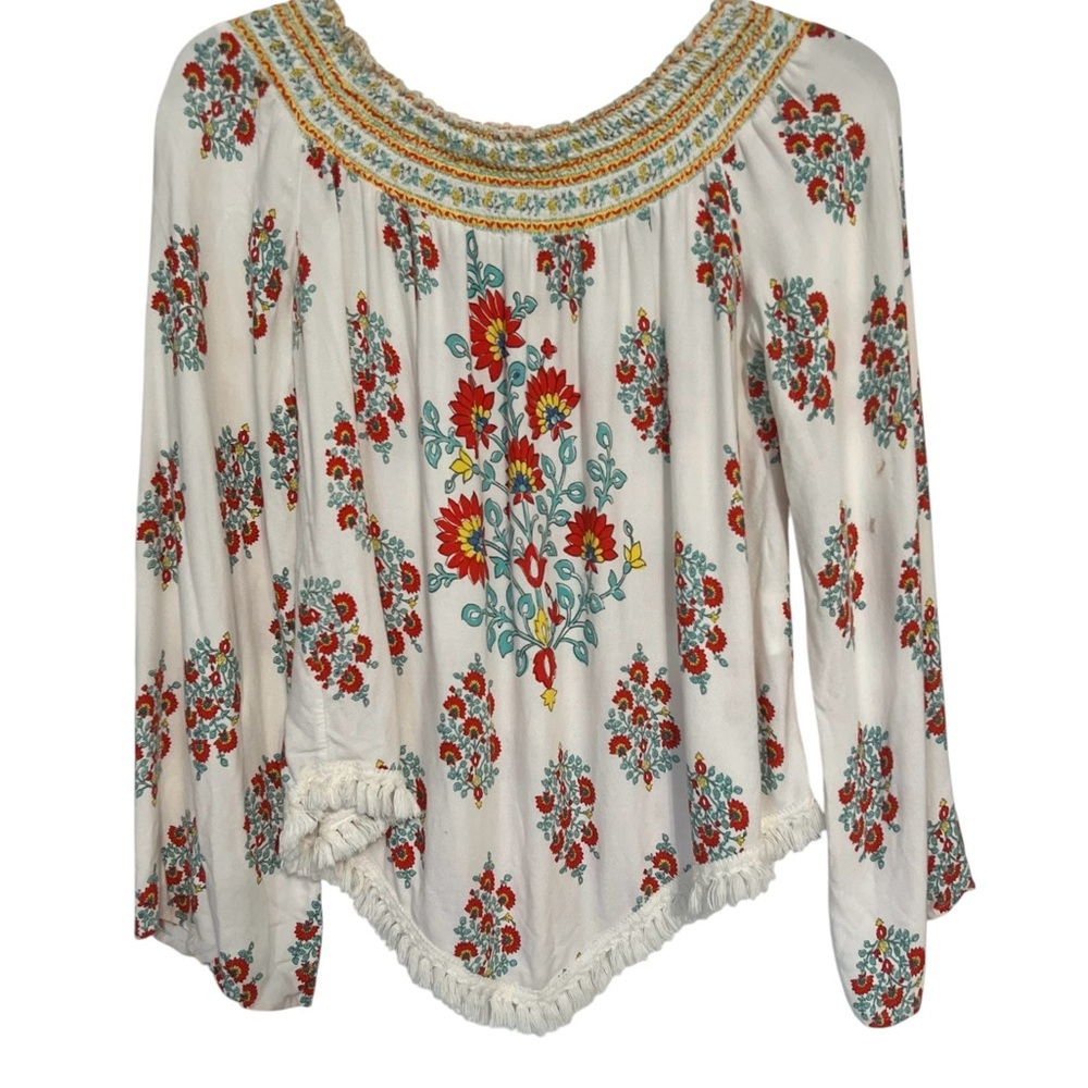 Altar'd State Boho Floral Women's Smocked Off Shoulder Top W/Tassels Size Small